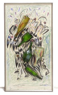 drawing of a group of people with bottles of wine in their hands