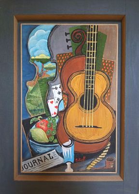 tableau représentant une guitare et une corbeille de fruits posés sur une table