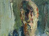 une peinture à l'huile représentant un homme en chemise bleue assis devant une fenêtre