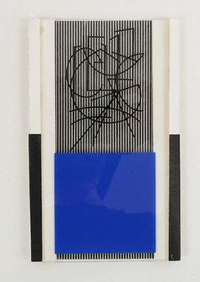 a blue and white painting with black lines on a white wall