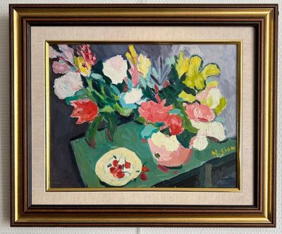 a painting of flowers in a vase on a table