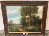 une peinture à l'huile représentant une route de campagne dans un cadre boisé