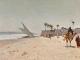 a painting of a man riding a horse on the beach