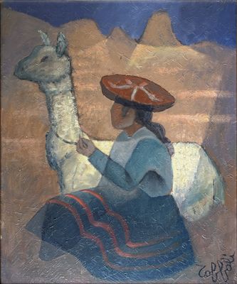 tableau représentant une femme chevauchant un lama, coiffée d'un chapeau rouge
