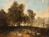 peinture représentant un paysage avec des moutons qui paissent au premier plan et des arbres à l'arrière-plan