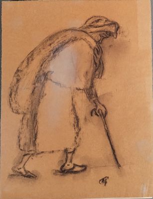 dessin représentant un vieil homme marchant, une canne à la main