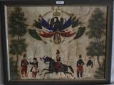 un vieux tableau représentant un homme à cheval, sur lequel est hissé un drapeau