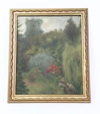 une peinture à l'huile représentant une scène de jardin avec une fleur rouge au premier plan