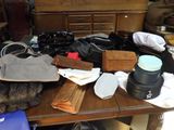 a wooden table with a lot of items on it
