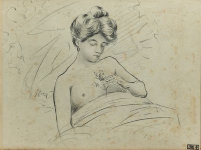 an old drawing of a woman with a flower in her hand