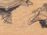 drawing of a woman laying on a bed next to a drawing of a cat