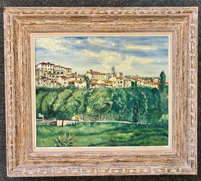 an oil painting of a view of a town from a hill