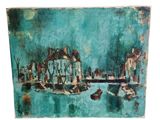 une peinture à l'huile d'une scène portuaire avec des bateaux dans l'eau