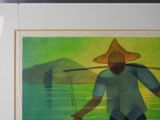 a painting of a man with a hat on holding a stick