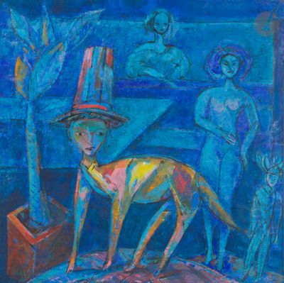 un tableau représentant un chien debout sur une table