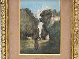 an image of a painting of a woman and a dog in a park