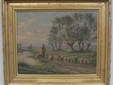 an image of a painting of a man herding a flock of sheep