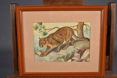 peinture représentant un lion dans un cadre en bois sur fond gris