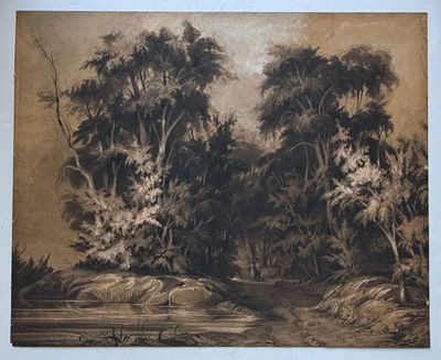 un vieux tableau représentant une rivière avec des arbres en arrière-plan
