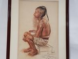 painting of a young boy sitting on a stool with his legs crossed