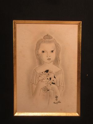 drawing of a woman holding a cat in her hands
