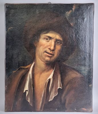 painting of a man with a hat and a white shirt
