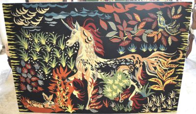 a picture of a painting of a horse in the woods