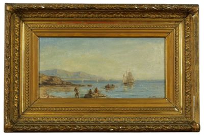 une peinture à l'huile représentant des bateaux sur l'eau près d'une rive