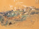 dessin représentant un paysage avec un village et un cheval au premier plan