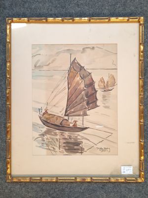 aquarelle encadrée représentant un voilier sur une mer calme