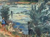une peinture à l'huile représentant deux personnes marchant le long d'un sentier près d'un plan d'eau