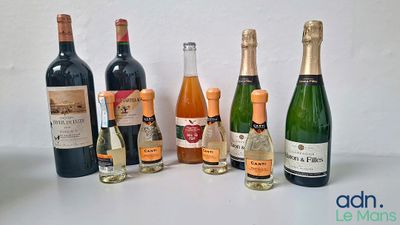 bottles of wine are lined up on a white surface