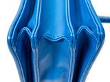a close up of a blue purse on a white background