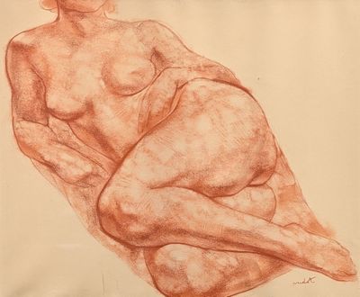 drawing of a nude woman sitting on her stomach with her hands on her knees