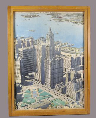 painting of a view of a city in a wooden frame