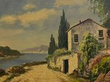 a painting of a house on the side of a hill