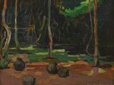 une peinture représentant un groupe d'arbres dans les bois