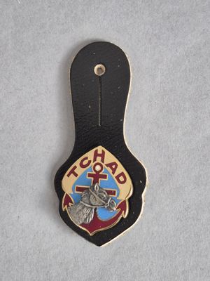 un gros plan sur un badge accroché à un porte-clés en cuir noir