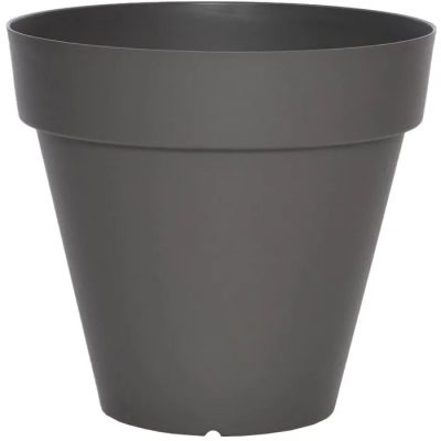 a grey pot with a black rim on a white background