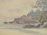 a watercolor painting of a boat on the water
