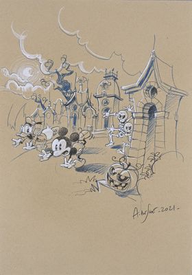 dessin représentant Mickey Mouse et d'autres personnages devant un château