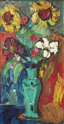 a painting of flowers in a vase on a table