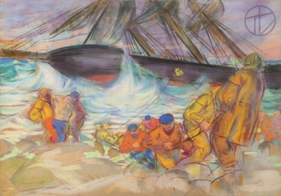 a painting of a ship in the water with people on it