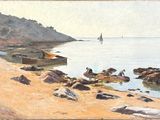 a painting of a boat on the beach by the water