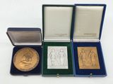 three gold medals are in a blue box on a white surface