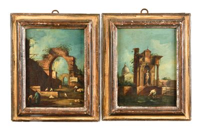 paire de peintures à l'huile italiennes du XIXe siècle représentant les ruines de Pompéi