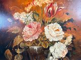 a painting of flowers in a vase on a table