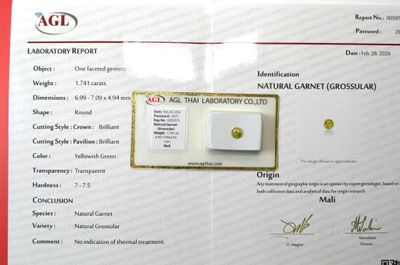 Un grenat grossulaire, facetté rond, couleur vert jaunâtre, …