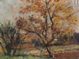 une image d'une peinture représentant un arbre dans un champ