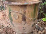 un grand pot brun posé au milieu de la forêt